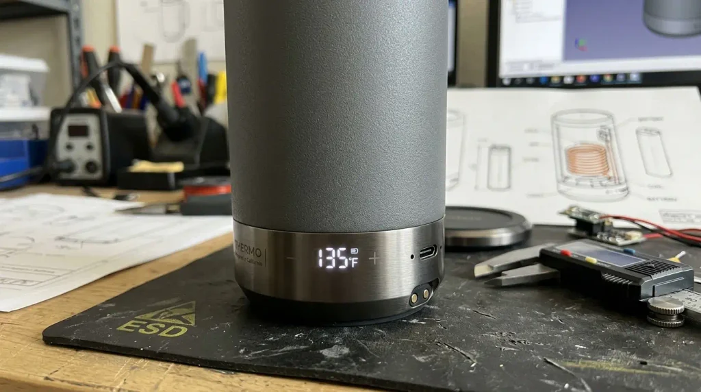 Close-up look at self-heating coffee mugs engineering details and finish quality.