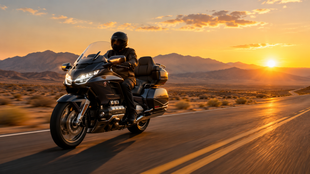 Large touring motorcycle riding down an open highway at sunrise