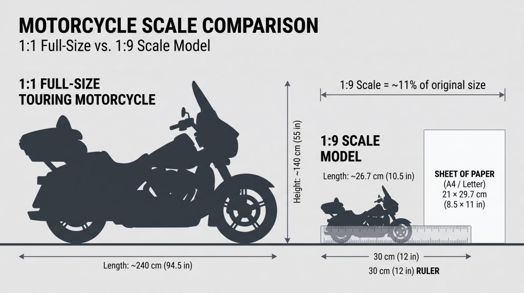 Size comparison of a 1:9 scale model and a full-size touring motorcycle