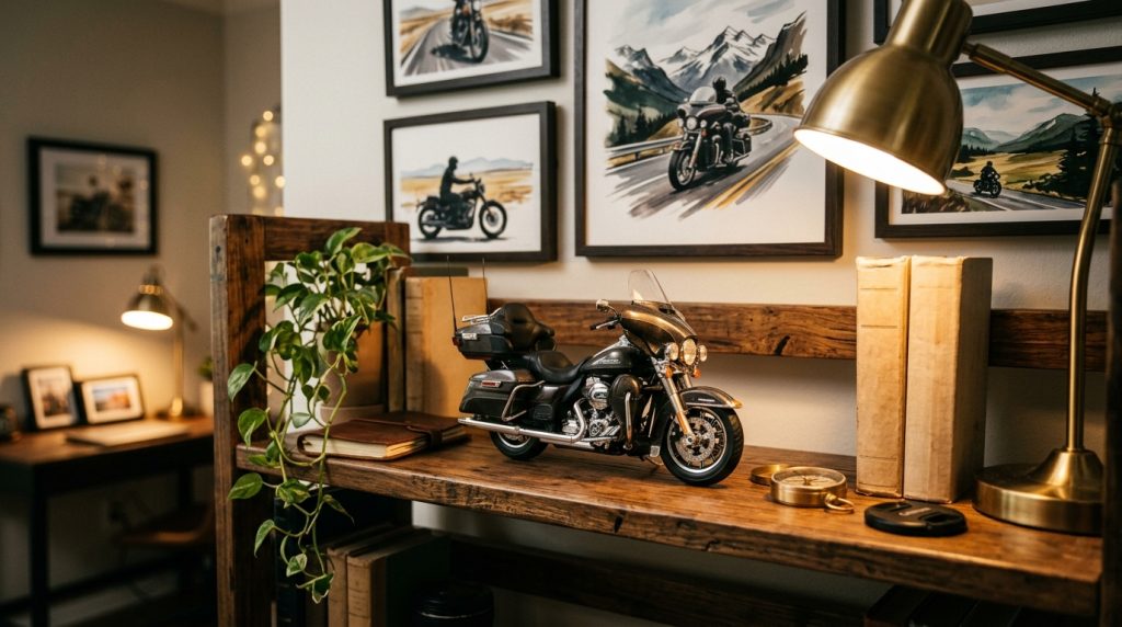 Diecast Gold Wing style motorcycle model displayed on a wooden shelf