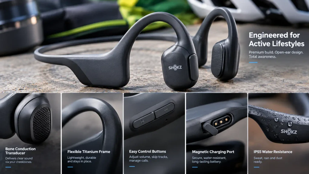 Close-up look at bone conduction sports headphones engineering details and finish quality.